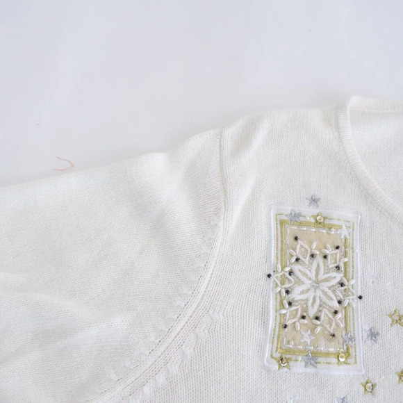 Vintage  Tiara Cream Ugly Christmas Beaded Reindeer Zip Up Cardigan Sweater XL - Picture 12 of 16